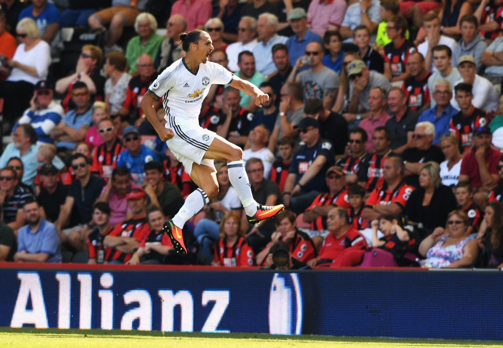 BOURNEMOUTH, ENGLAND - AUGUST 14: Zlatan Ibrahimovic of Manchester United celebrates scoring his team's third goal during the Premier League match between AFC Bournemouth and Manchester United at Vitality Stadium on August 14, 2016 in Bournemouth, England. (Photo by Stu Forster/Getty Images)