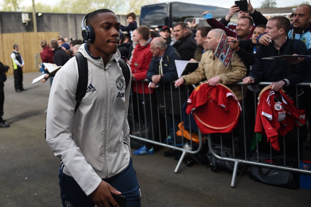 Manchester United's French striker Anthony Martial arrives for the English Premier League football match between Burnley and Manchester United at Turf Moor in Burnley, north west England on April 23, 2017. / AFP PHOTO / Oli SCARFF / RESTRICTED TO EDITORIAL USE. No use with unauthorized audio, video, data, fixture lists, club/league logos or 'live' services. Online in-match use limited to 75 images, no video emulation. No use in betting, games or single club/league/player publications. / (Photo credit should read OLI SCARFF/AFP/Getty Images)