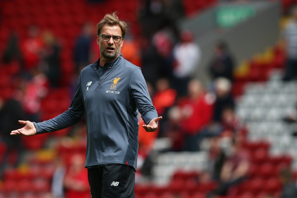 LIVERPOOL, ENGLAND - MAY 21: Jurgen Klopp, Manager of Liverpool looks on as his team warm up prior to the Premier League match between Liverpool and Middlesbrough at Anfield on May 21, 2017 in Liverpool, England. (Photo by Jan Kruger/Getty Images)