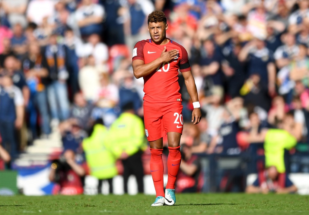 GLASGOW, SCOTLAND - JUNE 10: Alex Oxlade-Chamberlain of England celebrates scoring his sides first goal during the FIFA 2018 World Cup Qualifier between Scotland and England at Hampden Park National Stadium on June 10, 2017 in Glasgow, Scotland. (Photo by Shaun Botterill/Getty Images)