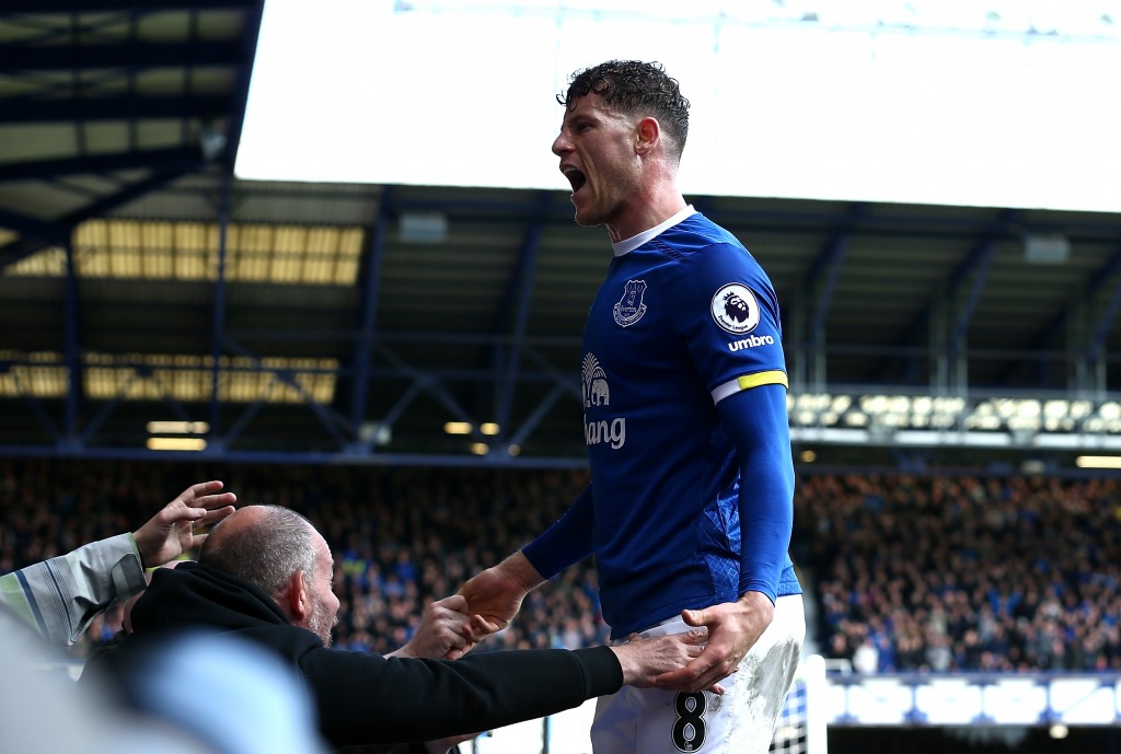 LIVERPOOL, ENGLAND - APRIL 15: Ross Barkley of Everton celebrates as Ben Mee of Burnley (not pictured) scored a own goal for Everton's second during the Premier League match between Everton and Burnley at Goodison Park on April 15, 2017 in Liverpool, England. (Photo by Jan Kruger/Getty Images)