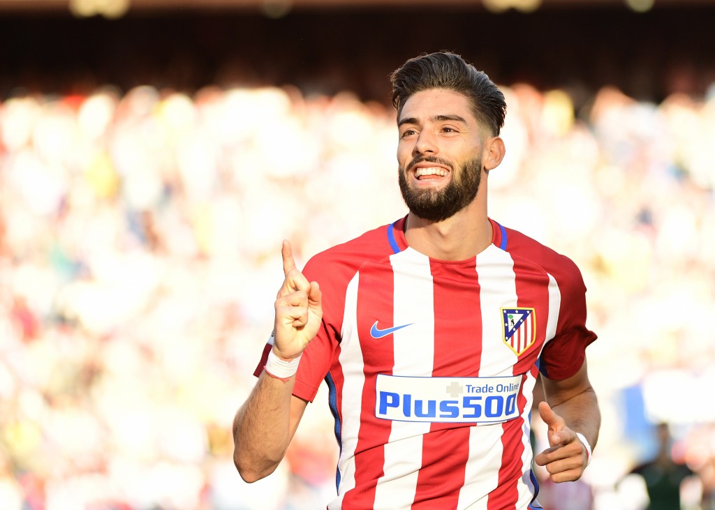 Atletico Madrid's Belgian midfielder Yannick Ferreira Carrasco celebrates his second goal during the Spanish league football match Atletico de Madrid vs Osasuna at the Vicente Calderon stadium in Madrid on April 15, 2017. / AFP PHOTO / PIERRE-PHILIPPE MARCOU (Photo credit should read PIERRE-PHILIPPE MARCOU/AFP/Getty Images)