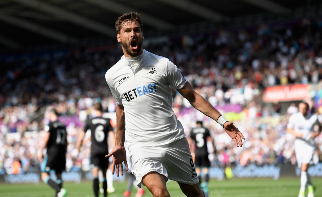 SWANSEA, WALES - MAY 21: Swansea player Fernando Llorente celebrates his and the winning goal during the Premier League match between Swansea City and West Bromwich Albion at Liberty Stadium on May 21, 2017 in Swansea, Wales. (Photo by Stu Forster/Getty Images)