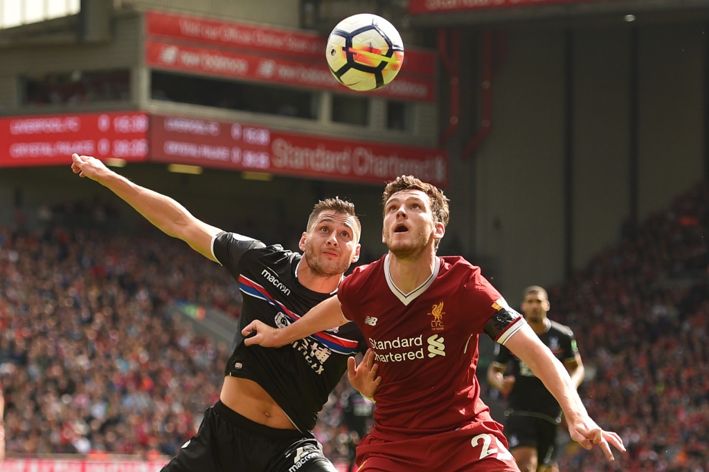 Liverpool's Scottish defender Andrew Robertson (R) vies with Crystal Palace's English defender Joel Ward during the English Premier League football match between Liverpool and Crystal Palace at Anfield in Liverpool, north west England on August 19, 2017. / AFP PHOTO / Oli SCARFF / RESTRICTED TO EDITORIAL USE. No use with unauthorized audio, video, data, fixture lists, club/league logos or 'live' services. Online in-match use limited to 75 images, no video emulation. No use in betting, games or single club/league/player publications. / (Photo credit should read OLI SCARFF/AFP/Getty Images)