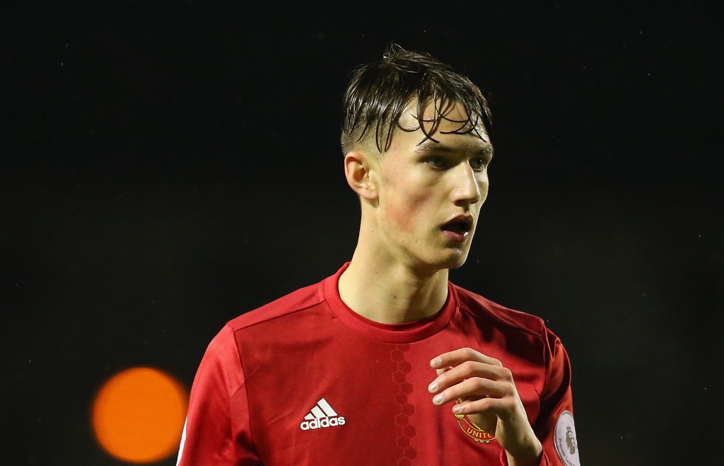 LEIGH, GREATER MANCHESTER - FEBRUARY 22: Callum Gribbin of Manchester United during the Premier League International Cup Quarter Final match between Manchester United U23 and Porto B at Leigh Sports Village on February 22, 2017 in Leigh, Greater Manchester. (Photo by Alex Livesey/Getty Images)
