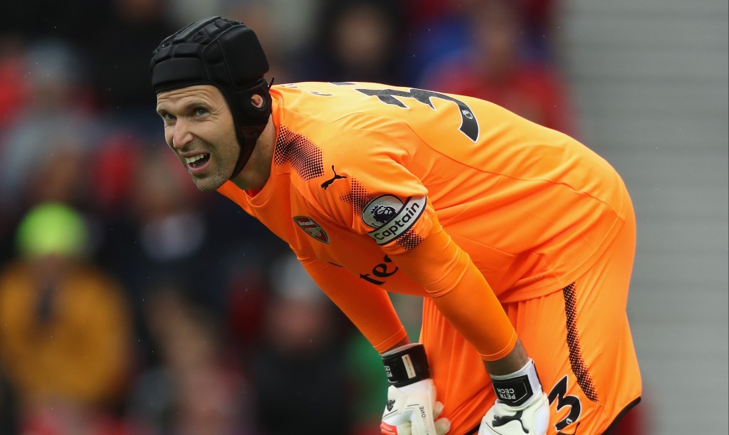 STOKE ON TRENT, ENGLAND - AUGUST 19: Petr Cech of Arsenal looks on during the Premier League match between Stoke City and Arsenal at Bet365 Stadium on August 19, 2017 in Stoke on Trent, England. (Photo by David Rogers/Getty Images)