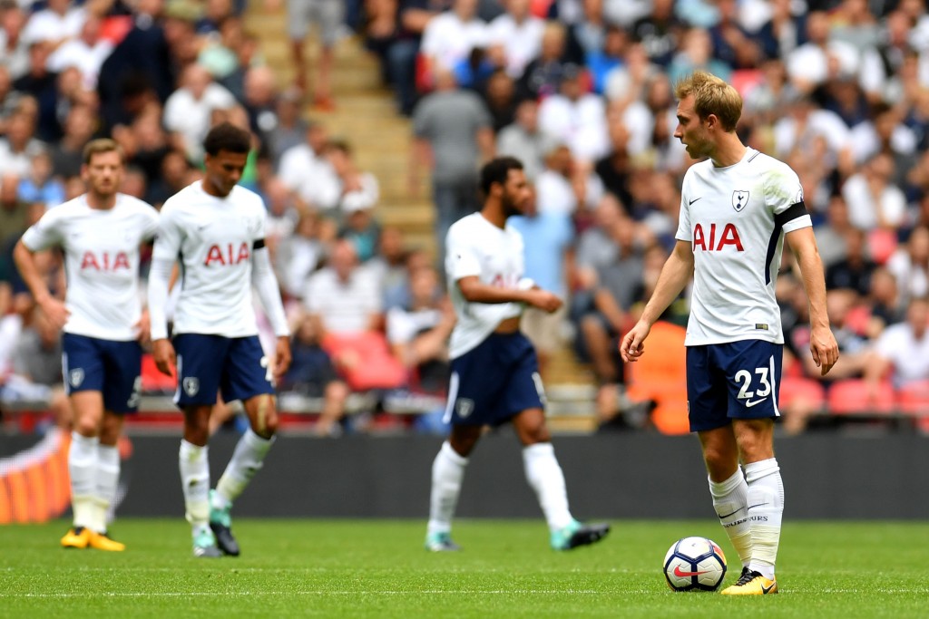 LONDON, ENGLAND - AUGUST 20: Christian Eriksen of Tottenham Hotspur is dejected during the Premier League match between Tottenham Hotspur and Chelsea at Wembley Stadium on August 20, 2017 in London, England. (Photo by Justin Setterfield/Getty Images)