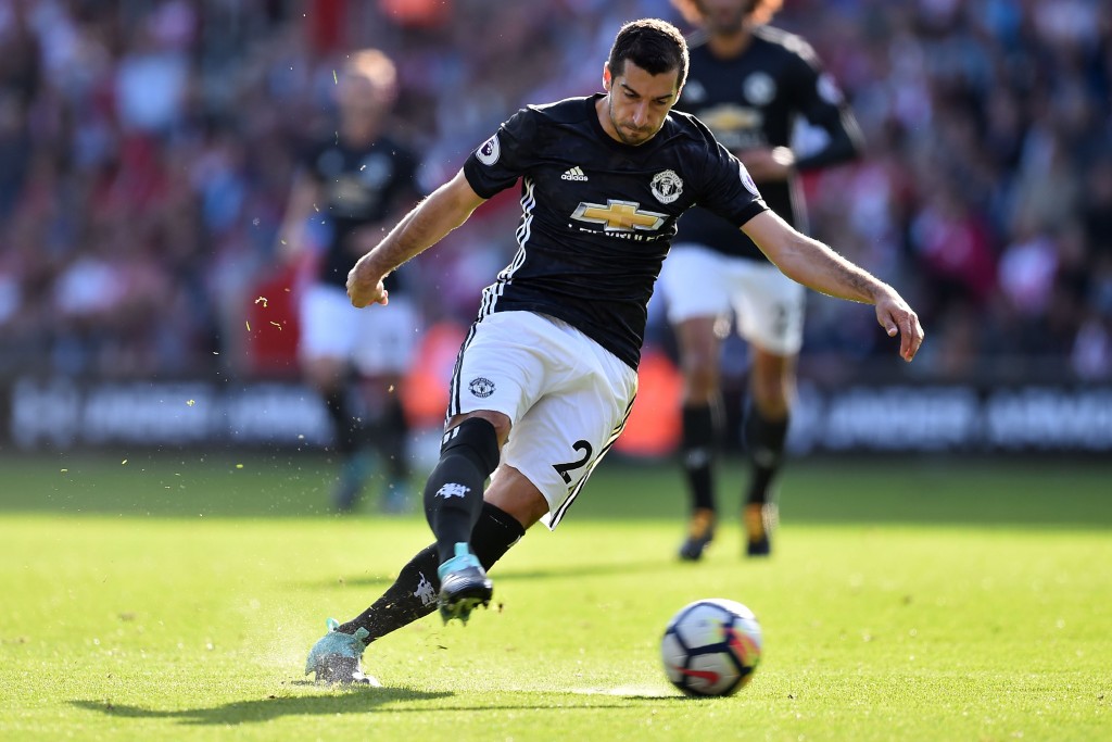 Manchester United's Armenian midfielder Henrikh Mkhitaryan has an unsuccessful shot during the English Premier League football match between Southampton and Manchester United at St Mary's Stadium in Southampton, southern England on September 23, 2017. / AFP PHOTO / Glyn KIRK / RESTRICTED TO EDITORIAL USE. No use with unauthorized audio, video, data, fixture lists, club/league logos or 'live' services. Online in-match use limited to 75 images, no video emulation. No use in betting, games or single club/league/player publications. / (Photo credit should read GLYN KIRK/AFP/Getty Images)