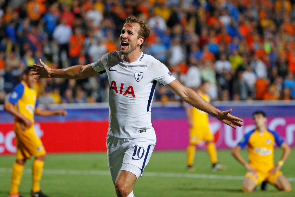 Tottenham Hotspur's English striker Harry Kane celebrates after scoring during the UEFA Champions League football match between Apoel FC and Tottenham Hotspur at the GSP Stadium in the Cypriot capital, Nicosia on September 26, 2017. / AFP PHOTO / JACK GUEZ (Photo credit should read JACK GUEZ/AFP/Getty Images)