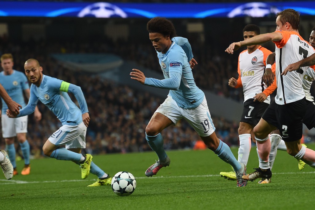 Manchester City's German midfielder Leroy Sane (C) runs at goal but fails to score during the Group F football match between Manchester City and Shakhtar Donetsk at the Etihad Stadium in Manchester, north west England, on September 26, 2017. / AFP PHOTO / PAUL ELLIS (Photo credit should read PAUL ELLIS/AFP/Getty Images)