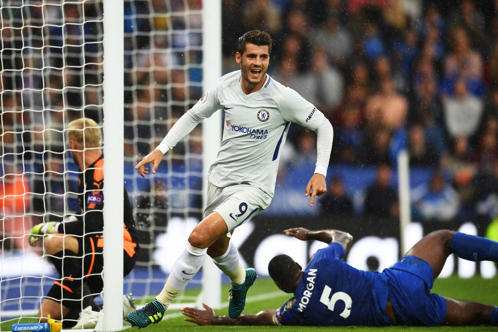 LEICESTER, ENGLAND - SEPTEMBER 09: Alvaro Morata of Chelsea celebrates scoring his sides first goal during the Premier League match between Leicester City and Chelsea at The King Power Stadium on September 9, 2017 in Leicester, England. (Photo by Michael Regan/Getty Images)