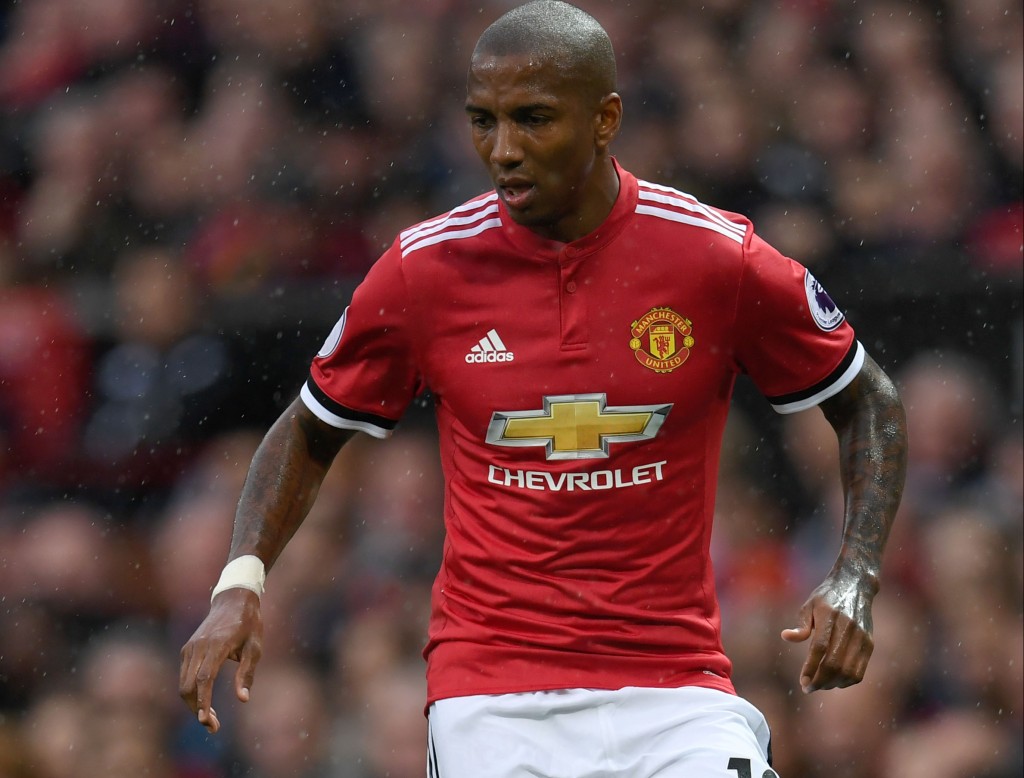 Manchester United's English midfielder Ashley Young controls the ball during the English Premier League football match between Manchester United and Crystal Palace at Old Trafford in Manchester, north west England, on September 30, 2017. / AFP PHOTO / Paul ELLIS / RESTRICTED TO EDITORIAL USE. No use with unauthorized audio, video, data, fixture lists, club/league logos or 'live' services. Online in-match use limited to 75 images, no video emulation. No use in betting, games or single club/league/player publications. / (Photo credit should read PAUL ELLIS/AFP/Getty Images)