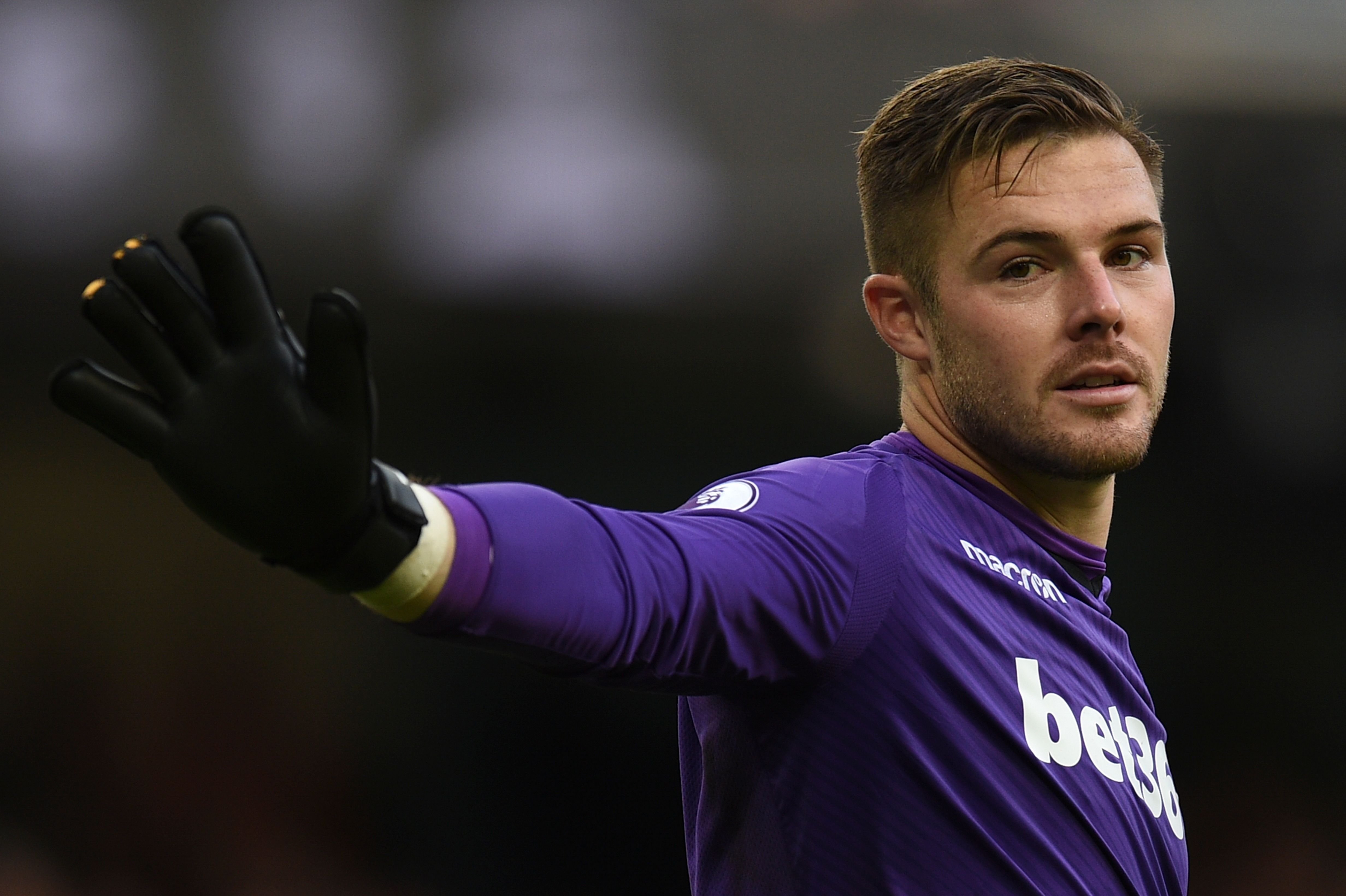 Stoke City's English goalkeeper Jack Butland is seen during the English Premier League football match between Manchester City and Stoke City at the Etihad Stadium in Manchester, north west England, on October 14, 2017. / AFP PHOTO / Oli SCARFF / RESTRICTED TO EDITORIAL USE. No use with unauthorized audio, video, data, fixture lists, club/league logos or 'live' services. Online in-match use limited to 75 images, no video emulation. No use in betting, games or single club/league/player publications. / (Photo credit should read OLI SCARFF/AFP/Getty Images)