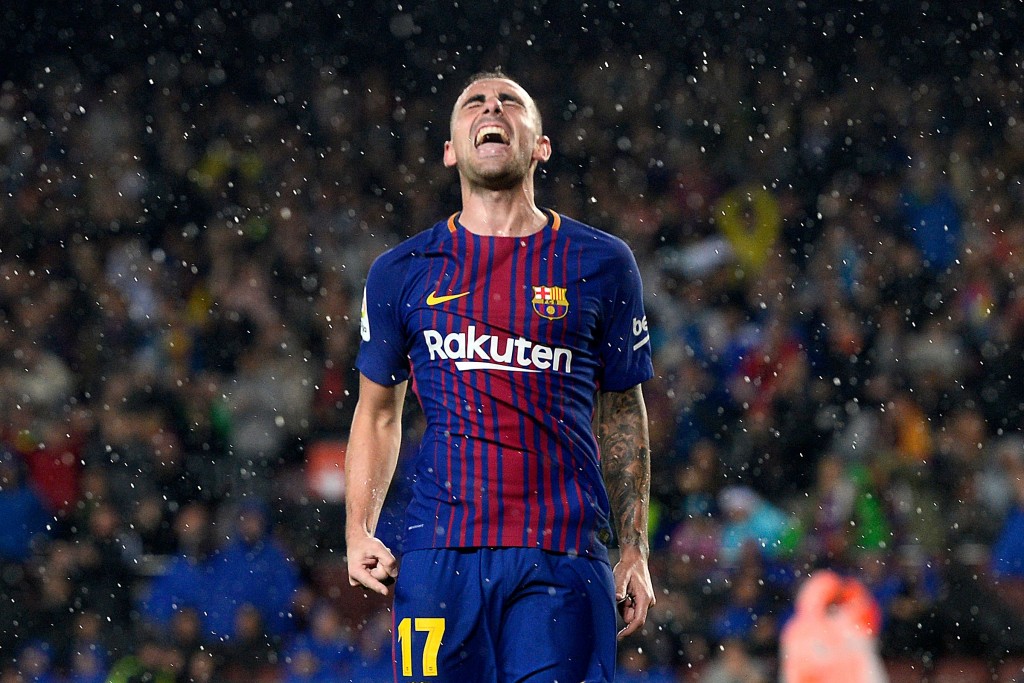 Barcelona's Spanish forward Paco Alcacer celebrates after scoring a goal during the Spanish league football match FC Barcelona vs Sevilla FC at the Camp Nou stadium in Barcelona on November 4, 2017. / AFP PHOTO / Josep LAGO (Photo credit should read JOSEP LAGO/AFP/Getty Images)