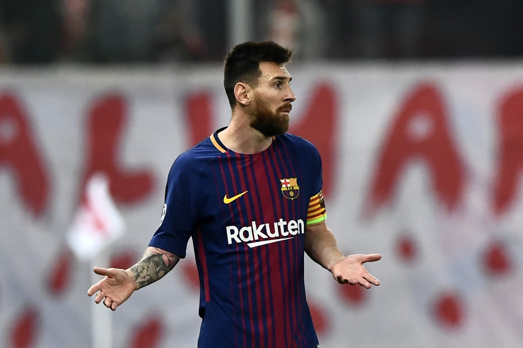 Barcelona's Argentinian forward Lionel Messi reacts during the UEFA Champions League group D football match between FC Barcelona and Olympiakos FC at the Karaiskakis stadium in Piraeus near Athens on October 31, 2017. / AFP PHOTO / ARIS MESSINIS (Photo credit should read ARIS MESSINIS/AFP/Getty Images)