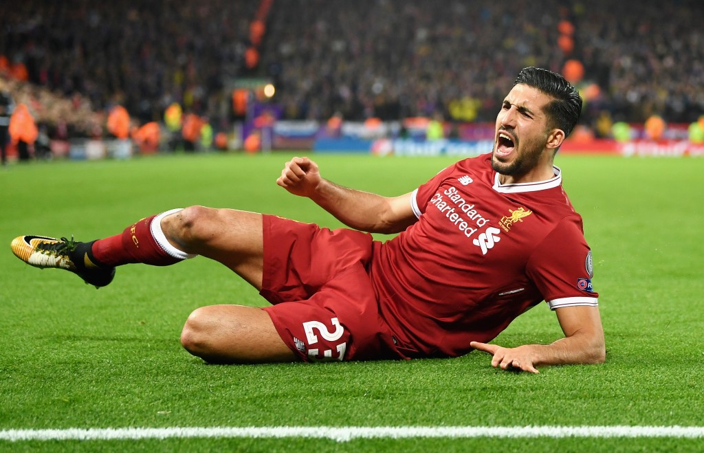 LIVERPOOL, ENGLAND - NOVEMBER 01: Emre Can of Liverpool celebrates scoring his sides second goal during the UEFA Champions League group E match between Liverpool FC and NK Maribor at Anfield on November 1, 2017 in Liverpool, United Kingdom. (Photo by Michael Regan/Getty Images)
