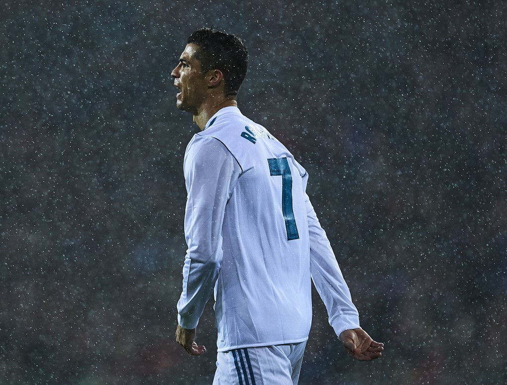 BILBAO, SPAIN - DECEMBER 02: Cristiano Ronaldo of Real Madrid CF reacts during the La Liga match between Athletic Club and Real Madrid at Estadio de San Mames on December 2, 2017 in Bilbao, Spain. (Photo by Juan Manuel Serrano Arce/Getty Images)