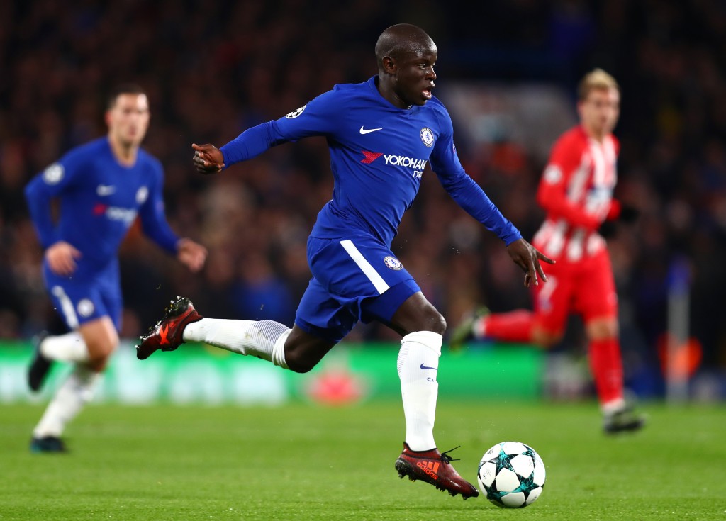 LONDON, ENGLAND - DECEMBER 05: N'Golo Kante of Chelsea in action during the UEFA Champions League group C match between Chelsea FC and Atletico Madrid at Stamford Bridge on December 5, 2017 in London, United Kingdom. (Photo by Clive Rose/Getty Images)