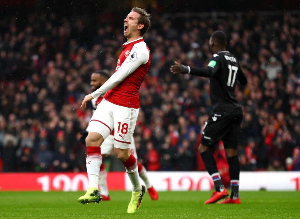 LONDON, ENGLAND - JANUARY 20: Nacho Monreal of Arsenal celebrates after scoring his sides first goal during the Premier League match between Arsenal and Crystal Palace at Emirates Stadium on January 20, 2018 in London, England. (Photo by Clive Mason/Getty Images)