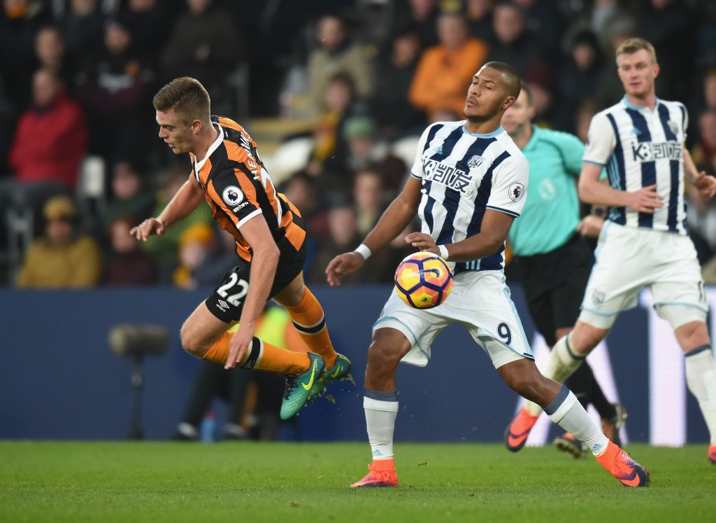 HULL, ENGLAND - NOVEMBER 26: Markus Henriksen of Hull City is tackled by Solomon Rondon of West Bromwich Albion during the Premier League match between Hull City and West Bromwich Albion at KCOM Stadium on November 26, 2016 in Hull, England. (Photo by Tony Marshall/Getty Images)