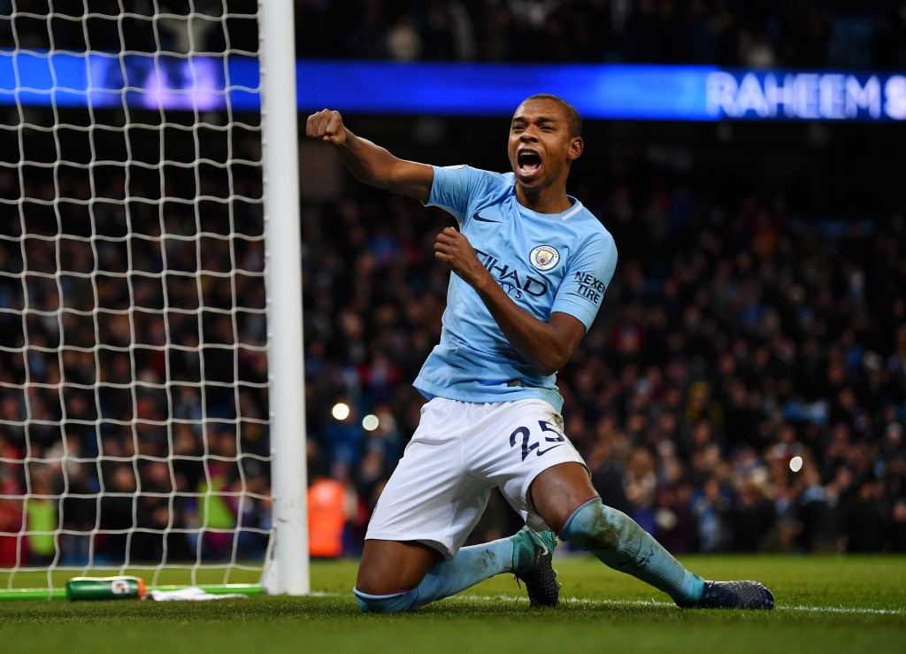 MANCHESTER, ENGLAND - NOVEMBER 29: Fernandinho of Manchester City celebrates his sides second goal during the Premier League match between Manchester City and Southampton at Etihad Stadium on November 29, 2017 in Manchester, England. (Photo by Dan Mullan/Getty Images)