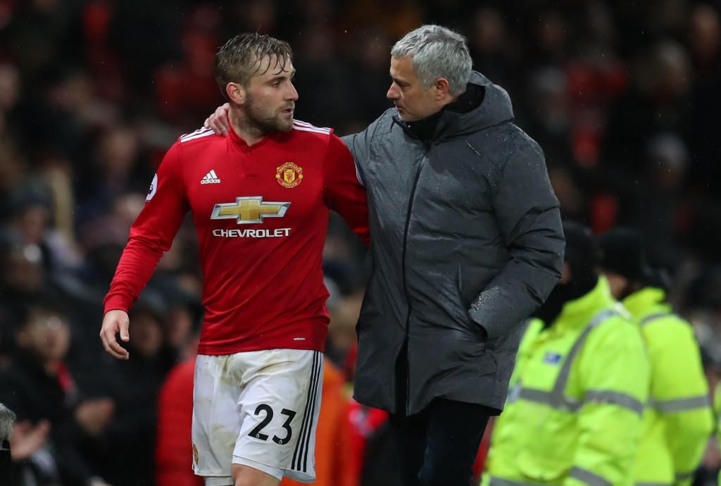 MANCHESTER, ENGLAND - DECEMBER 13: Luke Shaw of Manchester United and Jose Mourinho the head coach / manager of Manchester United during the Premier League match between Manchester United and AFC Bournemouth at Old Trafford on December 13, 2017 in Manchester, England. (Photo by Catherine Ivill/Getty Images)