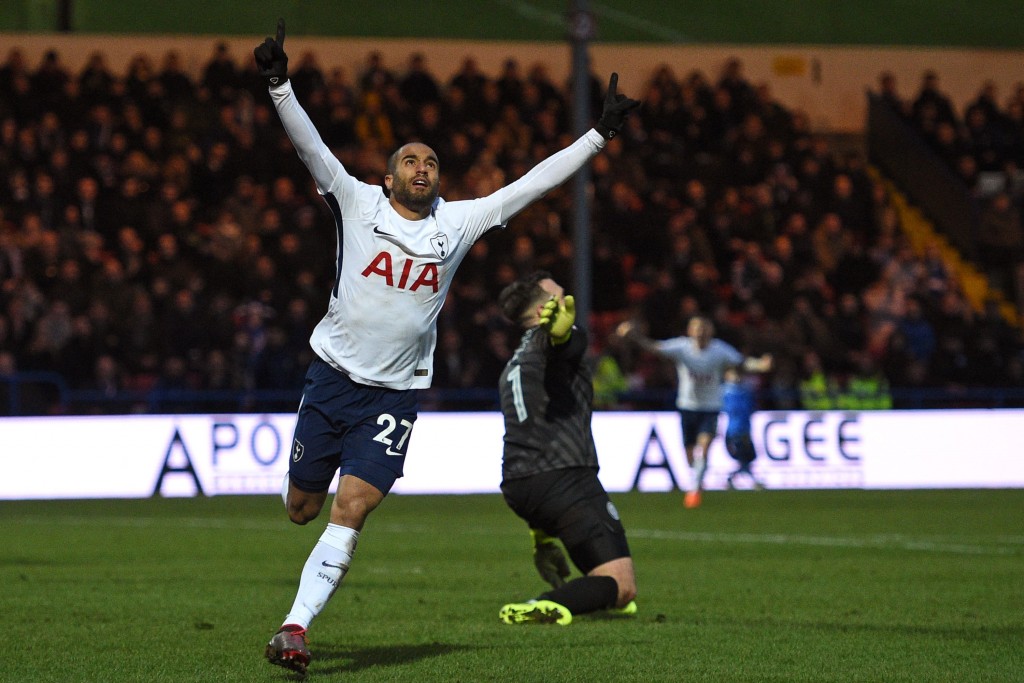 Tottenham Hotspur's Brazilian midfielder Lucas Moura celebrates after scoring their first goal during the English FA Cup fifth round football match between Rochdale and Tottenham Hotspur at the Crown Oil Arena in Rochdale, north west England on February 18, 2018. / AFP PHOTO / Oli SCARFF / RESTRICTED TO EDITORIAL USE. No use with unauthorized audio, video, data, fixture lists, club/league logos or 'live' services. Online in-match use limited to 75 images, no video emulation. No use in betting, games or single club/league/player publications. / (Photo credit should read OLI SCARFF/AFP/Getty Images)