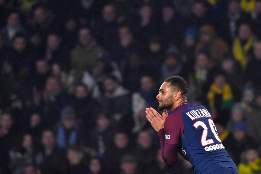 Paris Saint-Germain's French defender Layvin Kurzawa reacts during the French L1 football match between Nantes and Paris Saint-Germain (Paris-SG) at the La Beaujoire stadium in Nantes, western France, on January 14, 2018. / AFP PHOTO / LOIC VENANCE (Photo credit should read LOIC VENANCE/AFP/Getty Images)