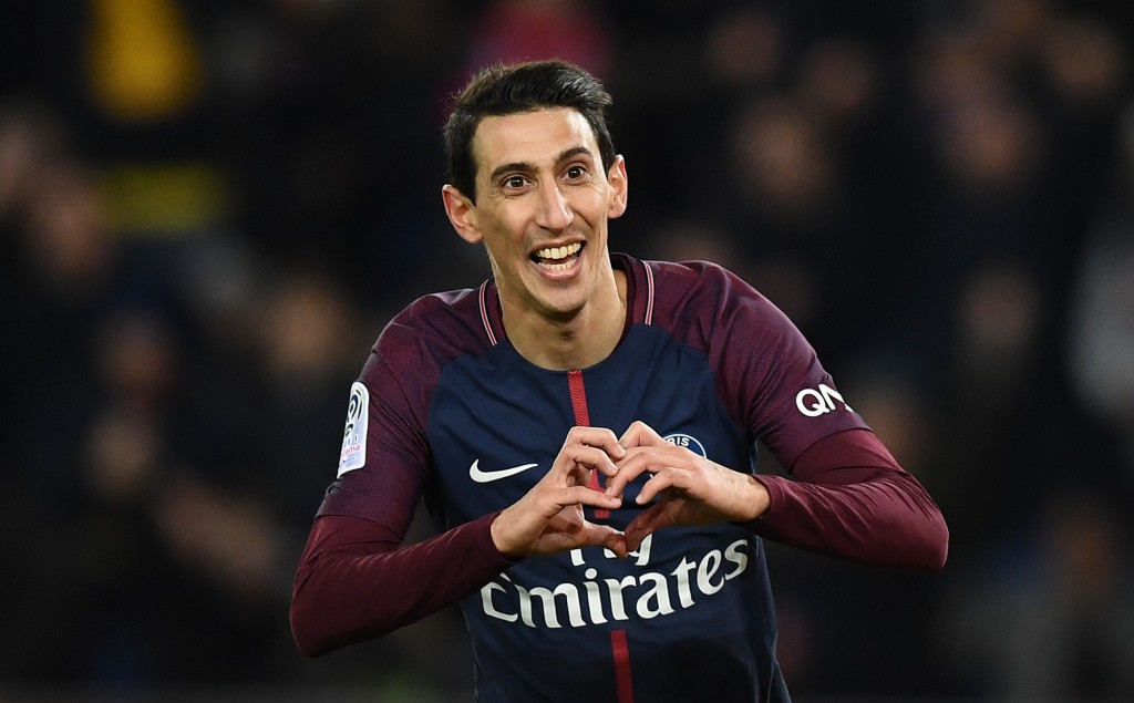 Paris Saint-Germain's Argentinian forward Angel Di Maria celebrates after scoring a goal during the French L1 football match between Paris Saint-Germain (PSG) and Montpellier (MHSC) at the Parc des Princes stadium in Paris on January 27, 2018. / AFP PHOTO / FRANCK FIFE (Photo credit should read FRANCK FIFE/AFP/Getty Images)