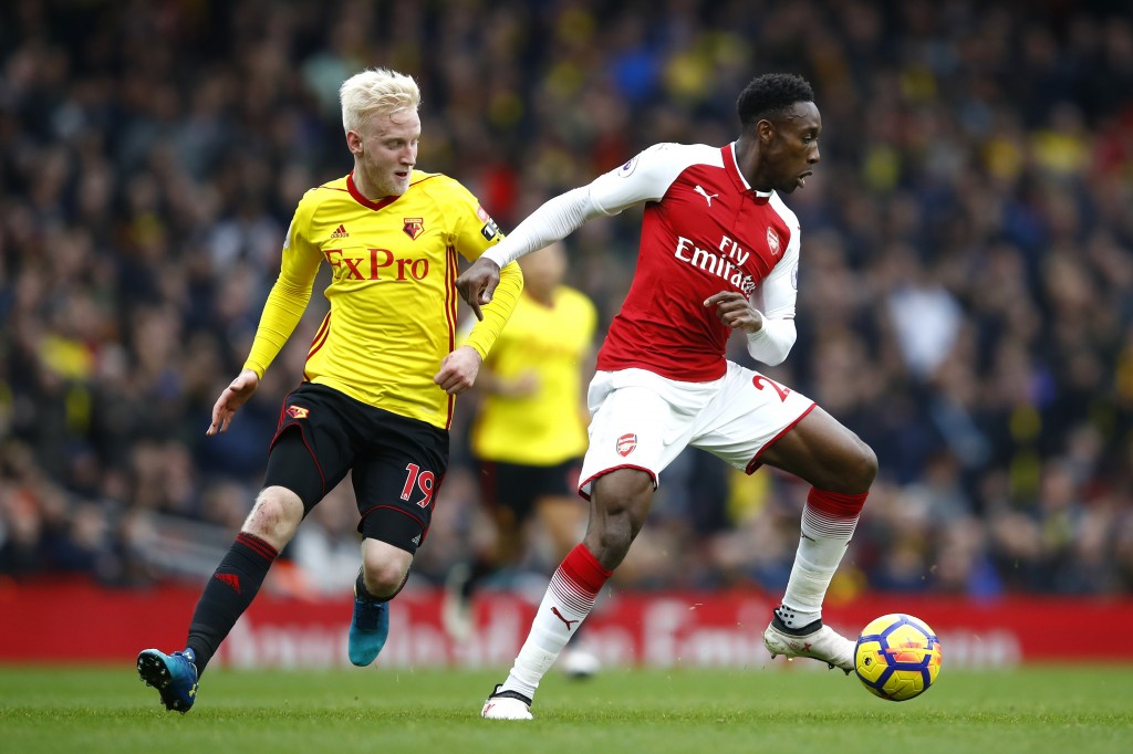 LONDON, ENGLAND - MARCH 11: Danny Welbeck of Arsenal and Will Hughes of Watford during the Premier League match between Arsenal and Watford at Emirates Stadium on March 11, 2018 in London, England. (Photo by Julian Finney/Getty Images)