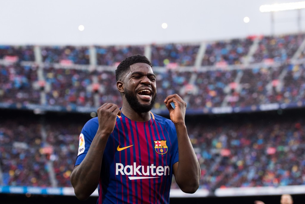 BARCELONA, SPAIN - MARCH 04: Samuel Umtiti of FC Barcelona reacts during the La Liga match between Barcelona and Atletico Madrid at Camp Nou on March 4, 2018 in Barcelona, Spain. (Photo by Alex Caparros/Getty Images)