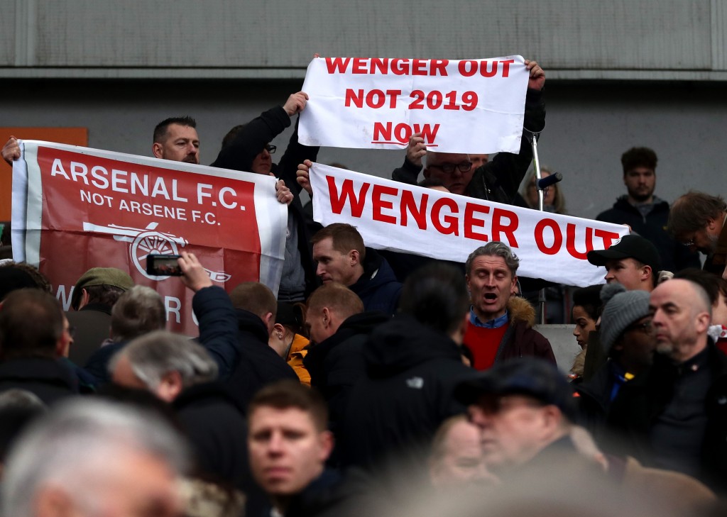 BRIGHTON, ENGLAND - MARCH 04: Fans protest towards Arsene Wenger, Manager of Arsenal (not pictured) following the Premier League match between Brighton and Hove Albion and Arsenal at Amex Stadium on March 4, 2018 in Brighton, England. (Photo by Catherine Ivill/Getty Images)