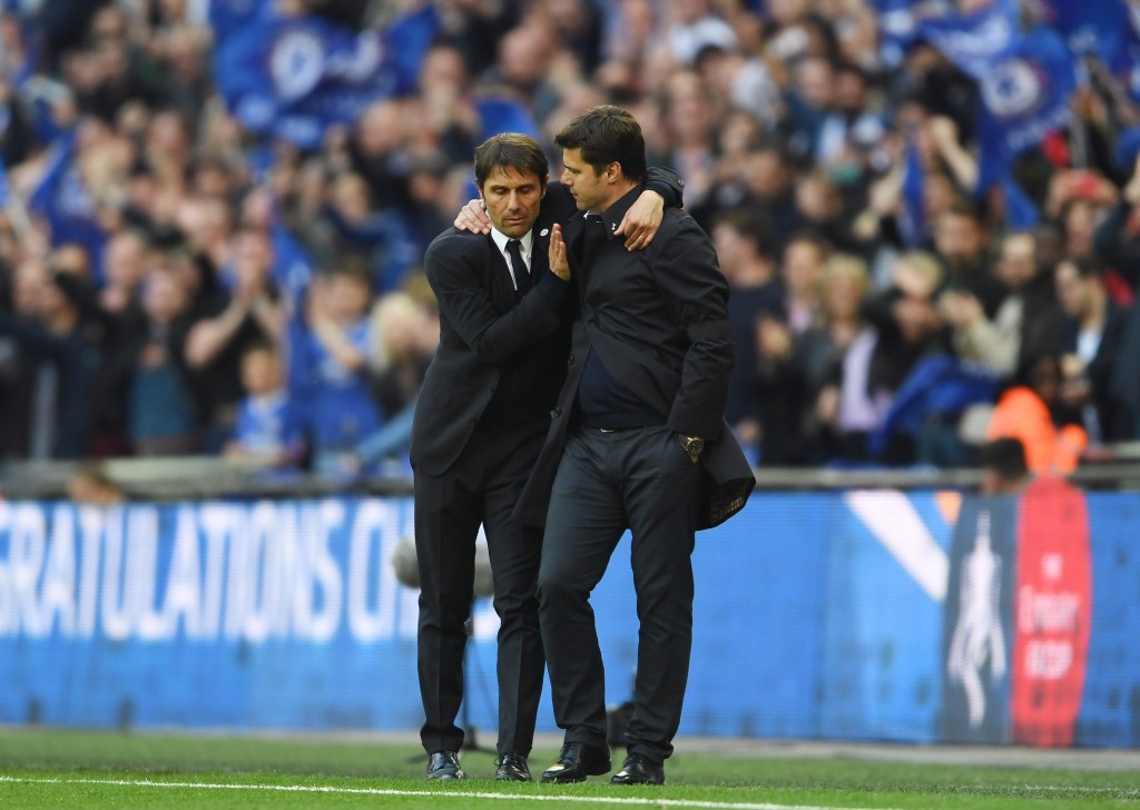 LONDON, ENGLAND - APRIL 22: Antonio Conte, Manager of Chelsea and Mauricio Pochettino, Manager of Tottenham Hotspur shake hands after the full time whistle during The Emirates FA Cup Semi-Final between Chelsea and Tottenham Hotspur at Wembley Stadium on April 22, 2017 in London, England. (Photo by Laurence Griffiths/Getty Images)