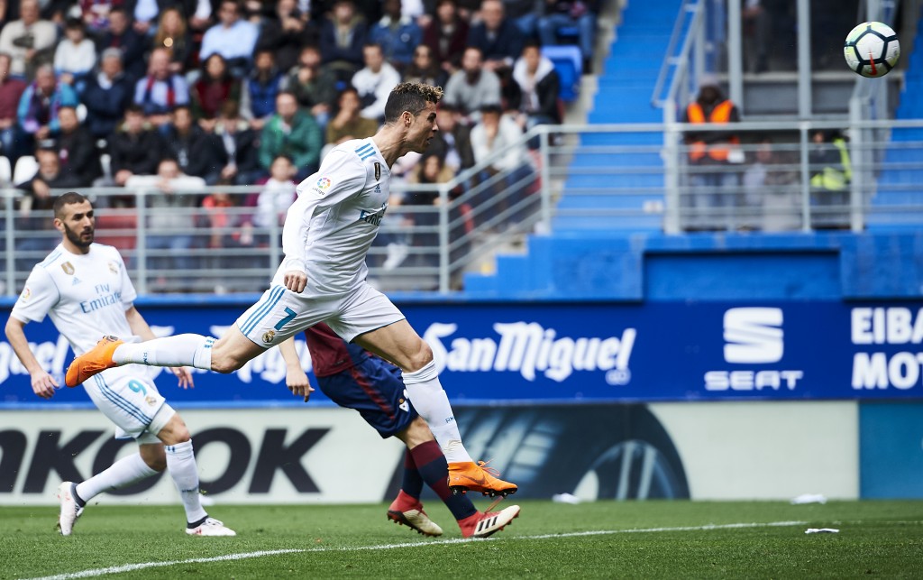 EIBAR, SPAIN - MARCH 10: Cristiano Ronaldo of Real Madrid scoring his team's second goal during the La Liga match between SD Eibar and Real Madrid at Ipurua Municipal Stadium on March 10, 2018 in Eibar, Spain . (Photo by Juan Manuel Serrano Arce/Getty Images)