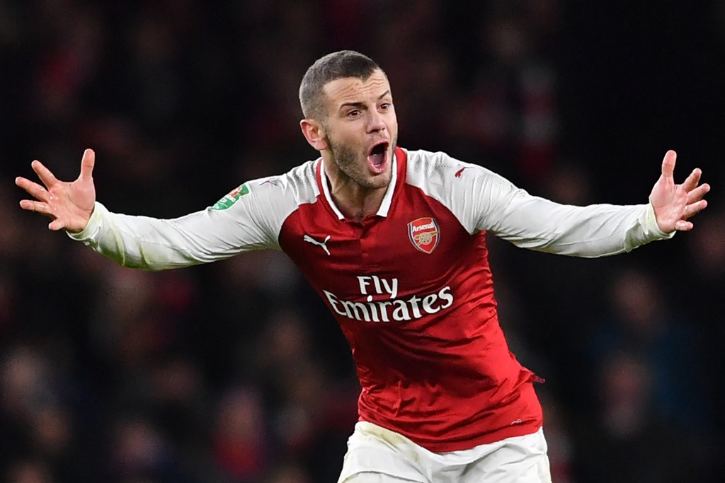 Arsenal's English midfielder Jack Wilshere reacts during the League Cup semi-final football match between Arsenal and Chelsea at the Emirates Stadium in London on January 24, 2018. / AFP PHOTO / Ben STANSALL / RESTRICTED TO EDITORIAL USE. No use with unauthorized audio, video, data, fixture lists, club/league logos or 'live' services. Online in-match use limited to 75 images, no video emulation. No use in betting, games or single club/league/player publications. / (Photo credit should read BEN STANSALL/AFP/Getty Images)