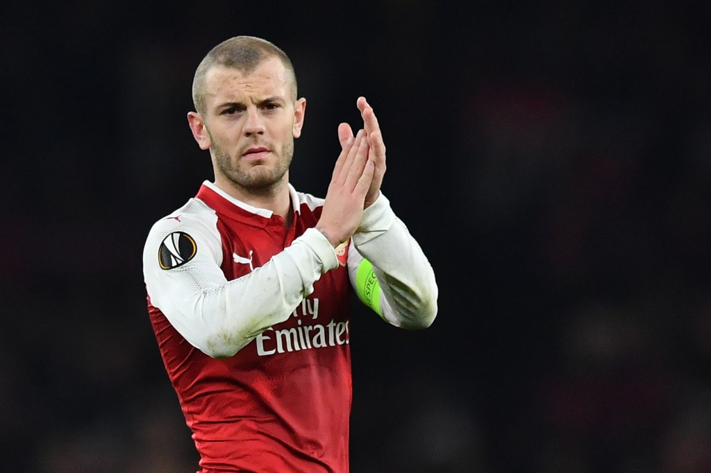 Arsenal's English midfielder Jack Wilshere gestures at the final whistle during the UEFA Europa League round of 16 second-leg football match between Arsenal and AC Milan at the Emirates Stadium in London on March 15, 2018. / AFP PHOTO / Ben STANSALL (Photo credit should read BEN STANSALL/AFP/Getty Images)