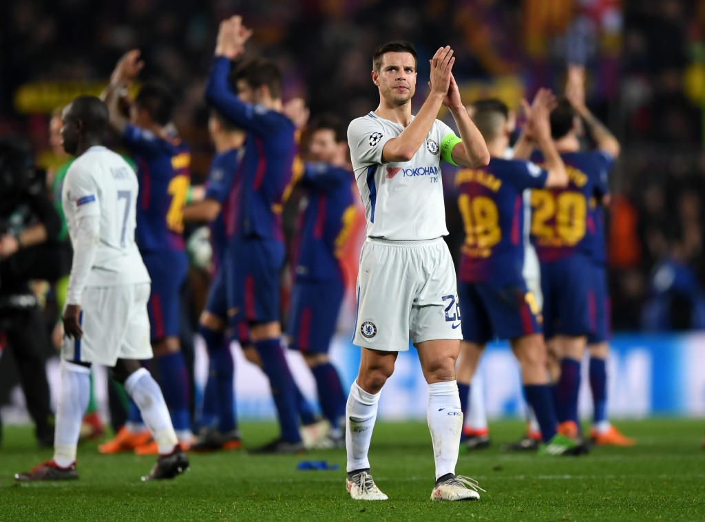 BARCELONA, SPAIN - MARCH 14: Cesar Azpilicueta of Chelsea shows appreciation to the fans after the UEFA Champions League Round of 16 Second Leg match FC Barcelona and Chelsea FC at Camp Nou on March 14, 2018 in Barcelona, Spain. (Photo by Shaun Botterill/Getty Images)