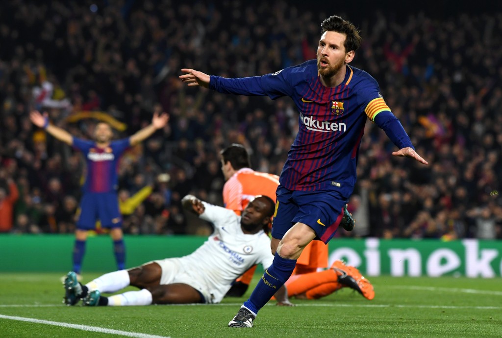 BARCELONA, SPAIN - MARCH 14: Lionel Messi of Barcelona celebrates as he scores their third goal during the UEFA Champions League Round of 16 Second Leg match FC Barcelona and Chelsea FC at Camp Nou on March 14, 2018 in Barcelona, Spain. (Photo by David Ramos/Getty Images)