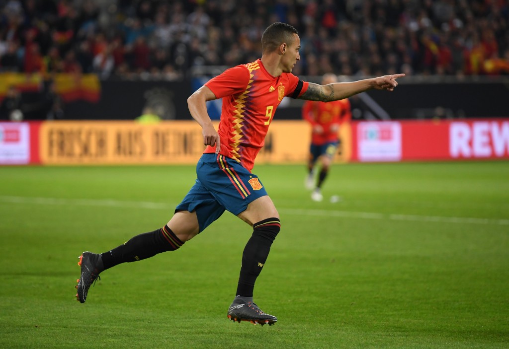 DUESSELDORF, GERMANY - MARCH 23: Rodrigo Moreno of Spain celebrates after scoring his sides first goal during the International friendly match between Germany and Spain at Esprit-Arena on March 23, 2018 in Duesseldorf, Germany. (Photo by Matthias Hangst/Bongarts/Getty Images)