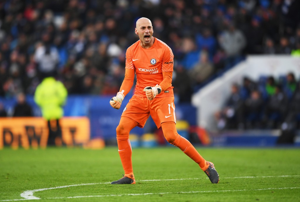LEICESTER, ENGLAND - MARCH 18: Willy Caballero of Chelsea celebrates as Alvaro Morata of Chelsea scores their first goal during The Emirates FA Cup Quarter Final match between Leicester City and Chelsea at The King Power Stadium on March 18, 2018 in Leicester, England. (Photo by Shaun Botterill/Getty Images)