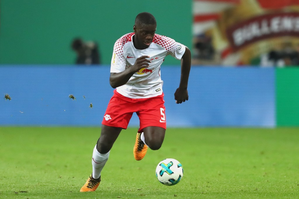 LEIPZIG, GERMANY - OCTOBER 25: Dayot Upamecano of Leipzig runs with the ball during the DFB Cup round 2 match between RB Leipzig and Bayern Muenchen at Red Bull Arena on October 25, 2017 in Leipzig, Germany. (Photo by Alexander Hassenstein/Bongarts/Getty Images)