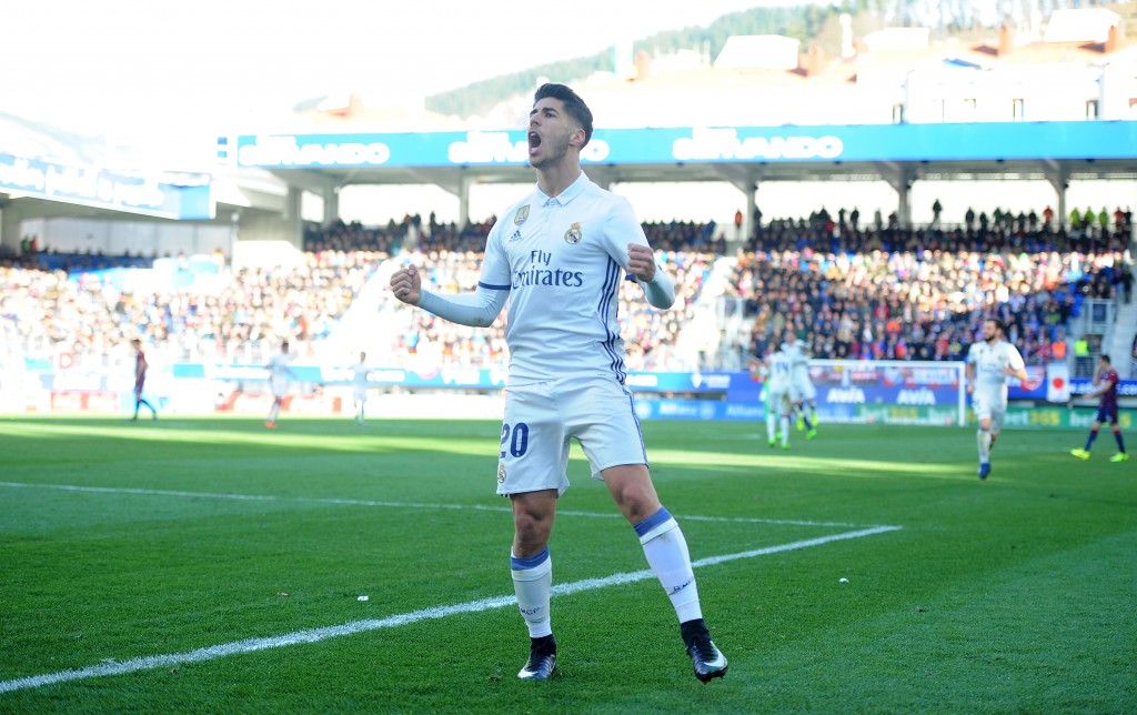 EIBAR, SPAIN - MARCH 04: Marco Asensio of Real Madrid celebrates after scoring Real's 4th goal during the La Liga match between SD Eibar and Real Madrid CF at Estadio Municipal de Ipurua on March 4, 2017 in Eibar, Spain. (Photo by Denis Doyle/Getty Images)