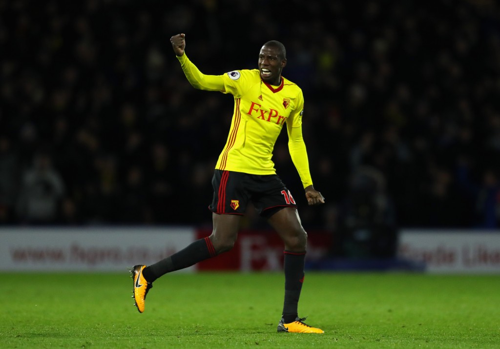 WATFORD, ENGLAND - NOVEMBER 28: Abdoulaye Doucoure of Watford celebrates scoring the 2nd Watford goal during the Premier League match between Watford and Manchester United at Vicarage Road on November 28, 2017 in Watford, England. (Photo by Richard Heathcote/Getty Images)