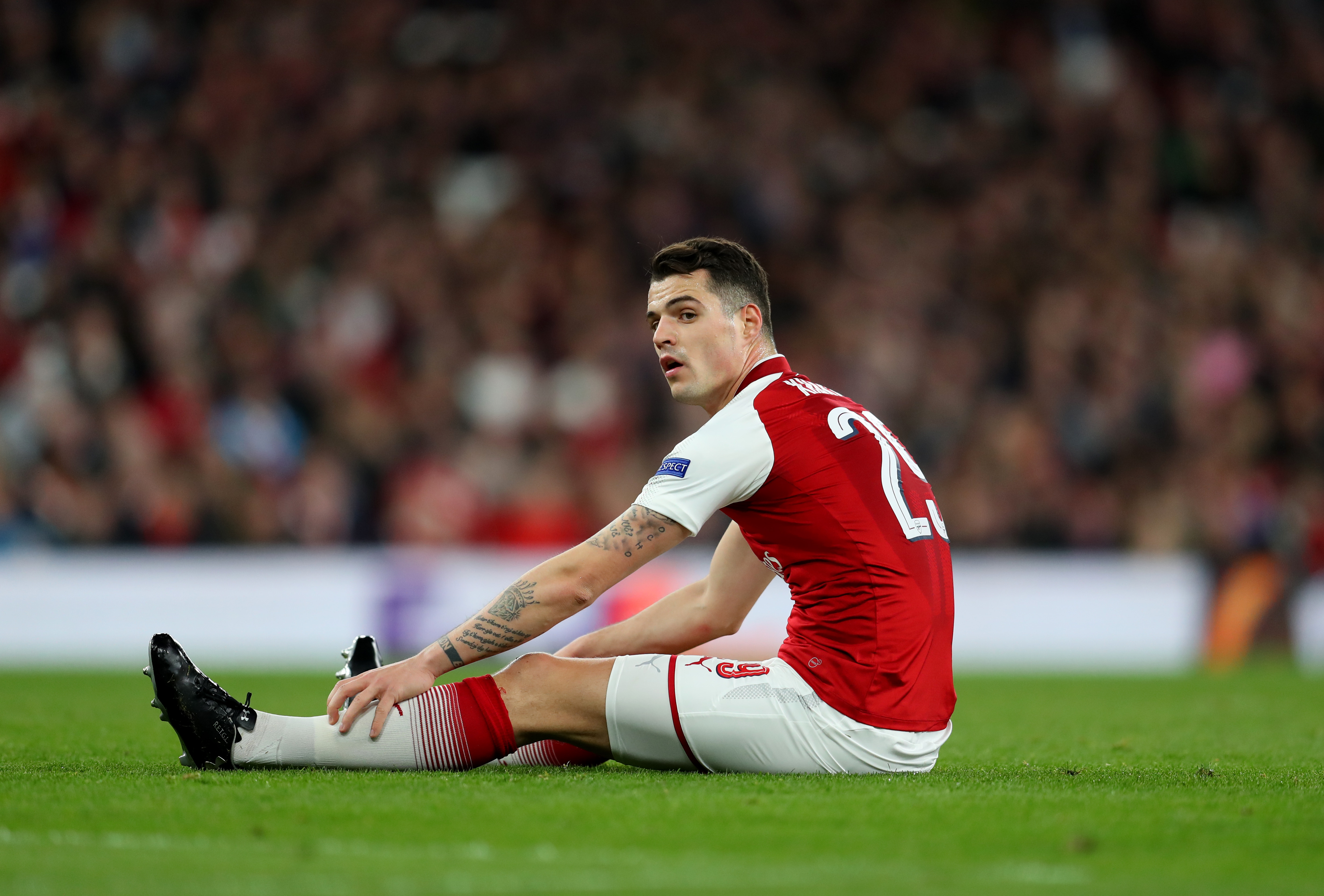 LONDON, ENGLAND - APRIL 05: Granit Xhaka of Arsenal during the UEFA Europa League quarter final leg one match between Arsenal FC and CSKA Moskva at Emirates Stadium on April 5, 2018 in London, United Kingdom. (Photo by Catherine Ivill/Getty Images)