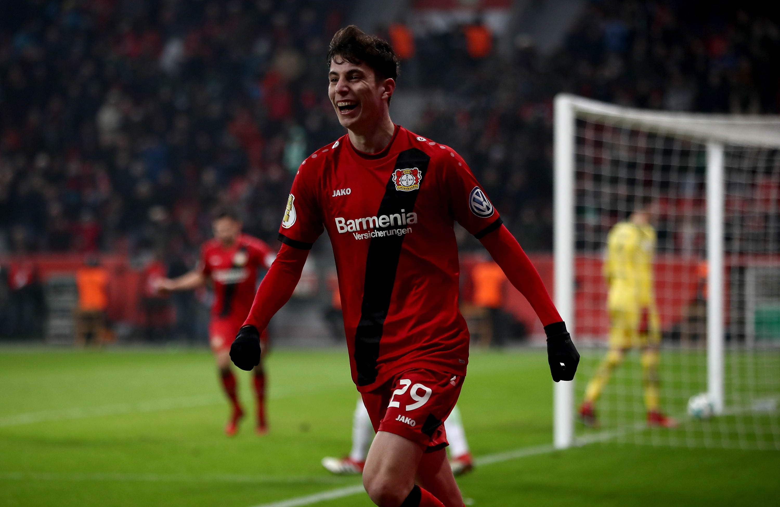 LEVERKUSEN, GERMANY - FEBRUARY 06: Kai Havertz of Leverkusen celebrates after he scores the 4th goal during extra time during the DFB Cup quarter final match between Bayer Leverkusen and Werder Bremen at BayArena on February 6, 2018 in Leverkusen, Germany. (Photo by Alex Grimm/Bongarts/Getty Images)