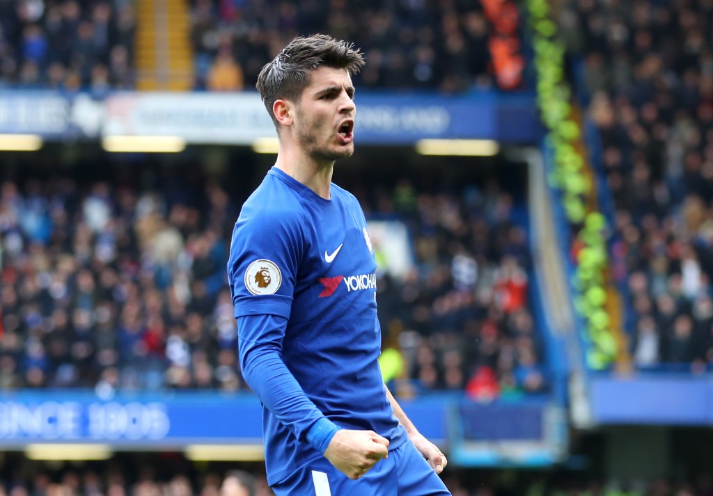 LONDON, ENGLAND - APRIL 01: Alvaro Morata of Chelsea celebrates after scoring his sides first goal during the Premier League match between Chelsea and Tottenham Hotspur at Stamford Bridge on April 1, 2018 in London, England. (Photo by Catherine Ivill/Getty Images)