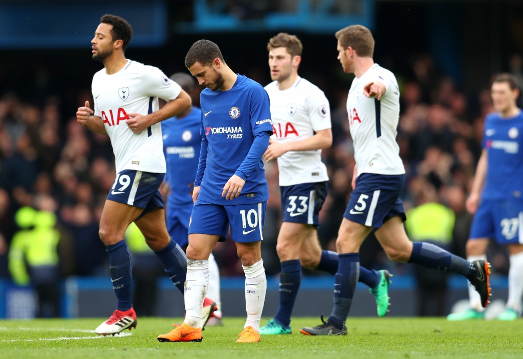 LONDON, ENGLAND - APRIL 01: Eden Hazard of Chelsea looks dejected are Dele Alli of Tottenham Hotspur (not pictured) scores his sides second goal during the Premier League match between Chelsea and Tottenham Hotspur at Stamford Bridge on April 1, 2018 in London, England. (Photo by Catherine Ivill/Getty Images)