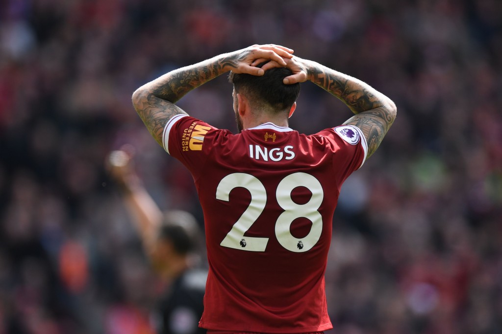 Liverpool's English striker Danny Ings reacts to his shot at goal ruled off-side during the English Premier League football match between Liverpool and Stoke City at Anfield in Liverpool, north west England on April 28, 2018. (Photo by Paul ELLIS / AFP) / RESTRICTED TO EDITORIAL USE. No use with unauthorized audio, video, data, fixture lists, club/league logos or 'live' services. Online in-match use limited to 75 images, no video emulation. No use in betting, games or single club/league/player publications. / (Photo credit should read PAUL ELLIS/AFP/Getty Images)