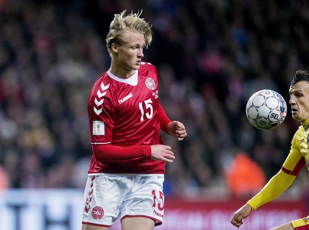 Denmark's forward Kasper Dolberg vies with Romania's Vlad Chiriches during the FIFA World Cup 2018 qualification football match between Denmark and Romania in Copenhagen on October 8, 2017. / AFP PHOTO / Scanpix Denmark AND Scanpix / Liselotte Sabroe / Denmark OUT (Photo credit should read LISELOTTE SABROE/AFP/Getty Images)