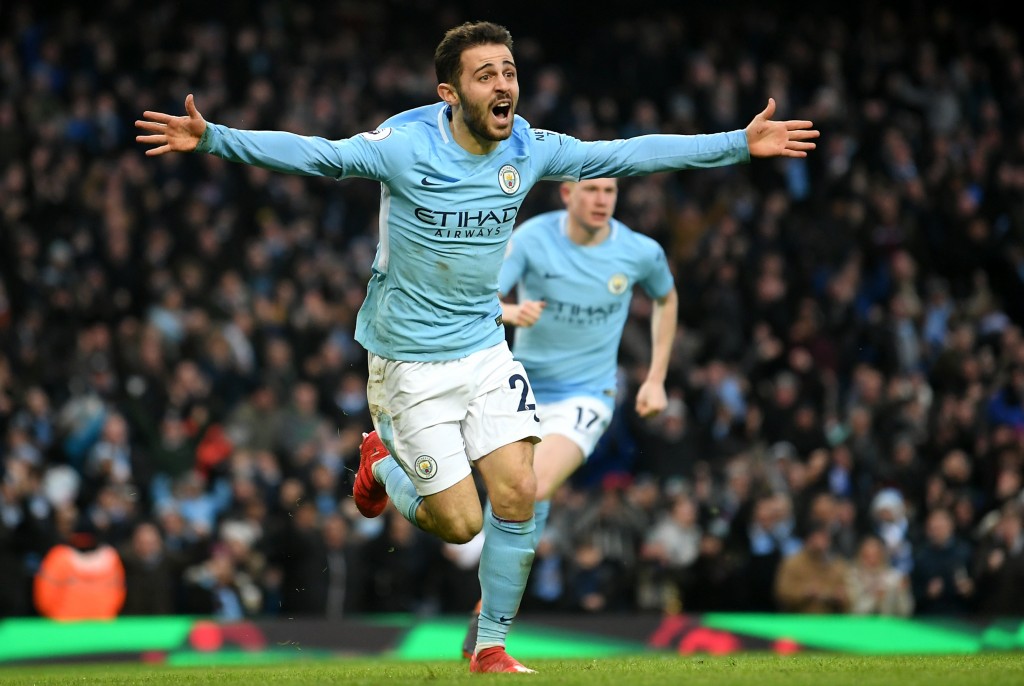 MANCHESTER, ENGLAND - MARCH 04: Bernardo Silva of Manchester City celebrates scoring his side's first goal during the Premier League match between Manchester City and Chelsea at Etihad Stadium on March 4, 2018 in Manchester, England. (Photo by Laurence Griffiths/Getty Images)